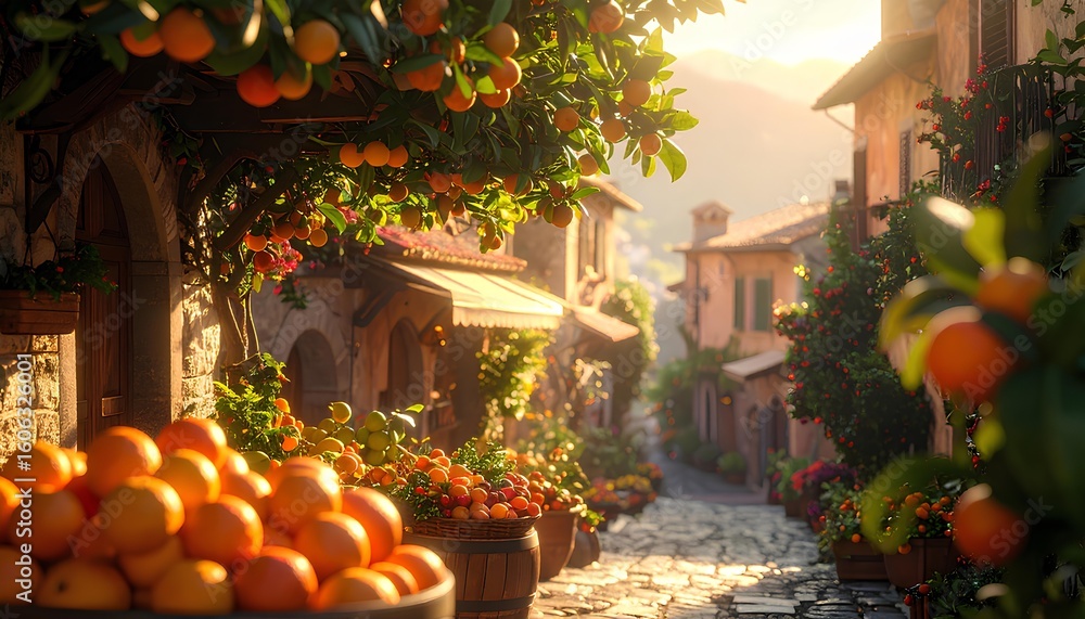 Obraz premium Sunny Cobblestone Street In A European Village With Citrus Trees, Bosta