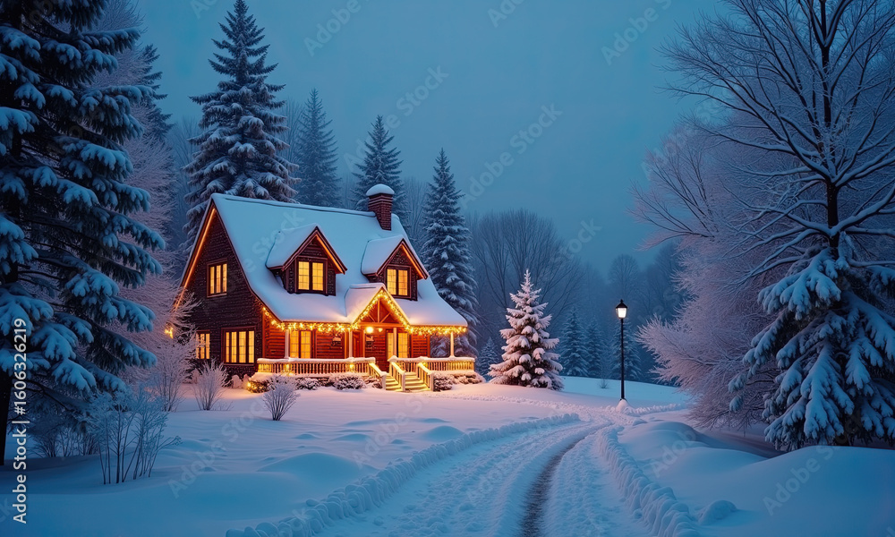 Fototapeta premium Cozy Snow-Covered Cabin with Warm Holiday Lights