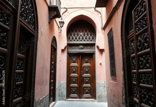 Intricate carved wooden doors & arched windows in a Tangier medina alleyway, showcasing traditional Moroccan architecture,  streets,  windows