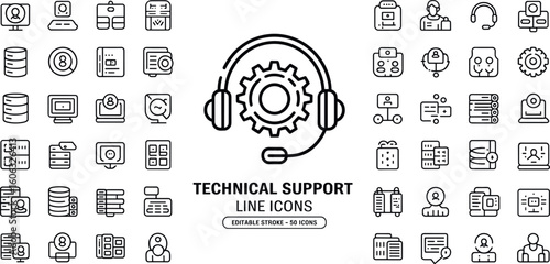 Technical support line icons with headset and gear cogwheel