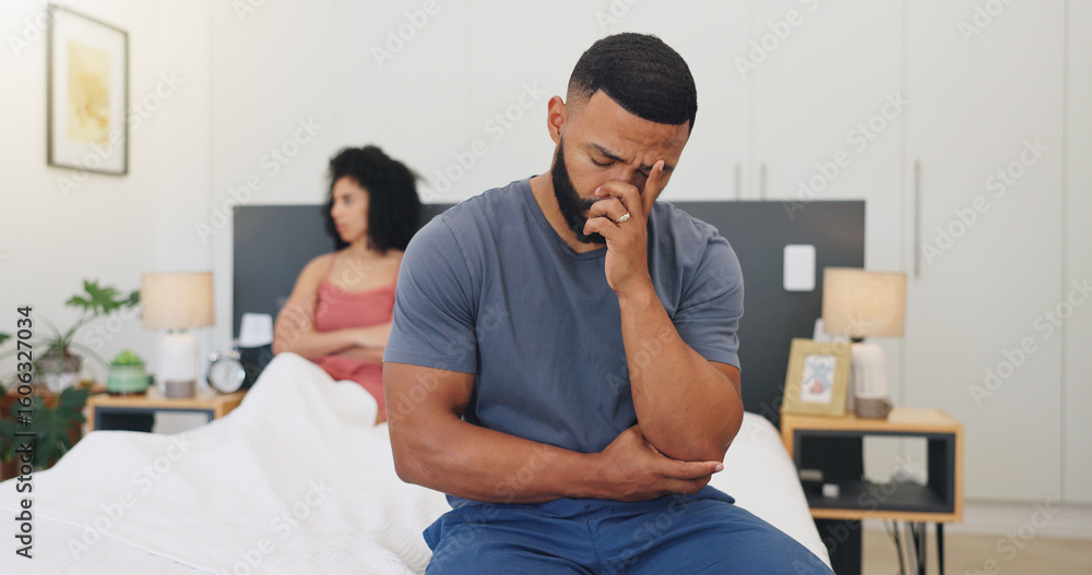 Fototapeta premium Frustrated couple, argument or disagreement with stress in bedroom for fight or toxic relationship. Upset man, woman or ignore with conflict or dispute in bed for breakup, divorce or cheating affair