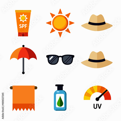 Sun Protection Essentials. Flat icon set of sun protection essentials: sunscreen tube, SPF label, sun icon, umbrella, sunglasses
