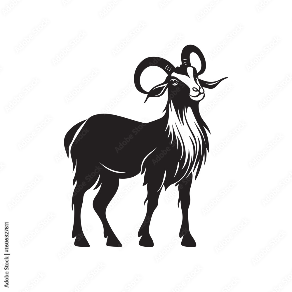 Fototapeta premium Hand drawn vector illustration of a curved big horned goat sketch located on a white background.