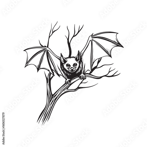 Hand drawn vector illustration of a bat hanging on a tree branch. Situated on a white background.