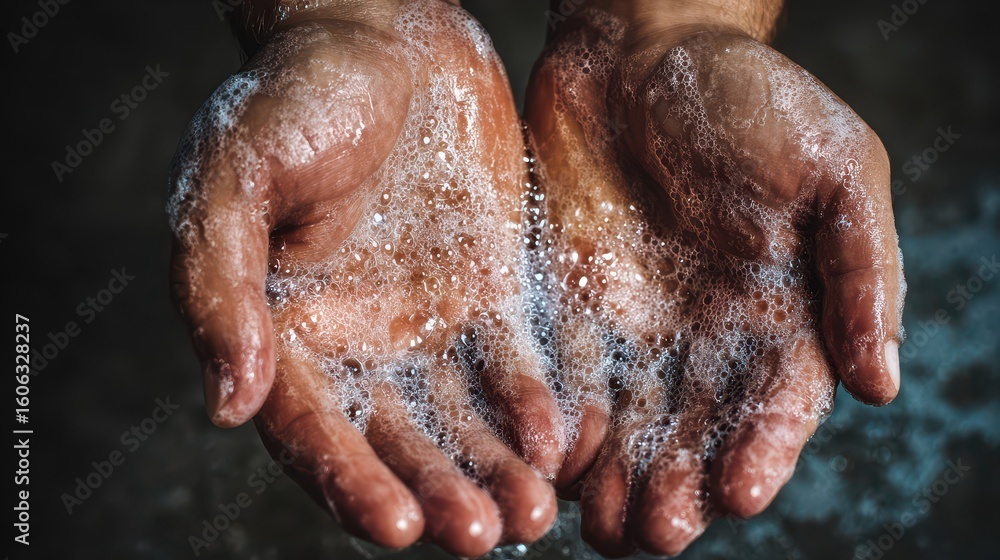 Fototapeta premium Hands covered in sudsy soap bubbles.