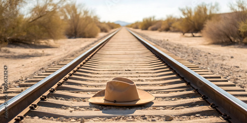 Desert railroad path with cowboy hat under blazing sun