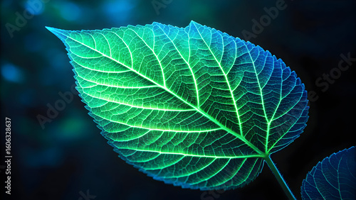 Abstract digital leaf glowing in green and blue tones
