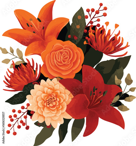 Blossom's Embrace: An exquisite arrangement of vibrant blossoms in shades of orange and red, celebrating nature's artistic flair.