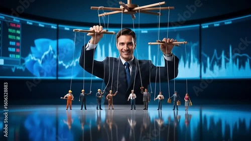 Businessman Controlling Puppets: Market Manipulation Metaphor