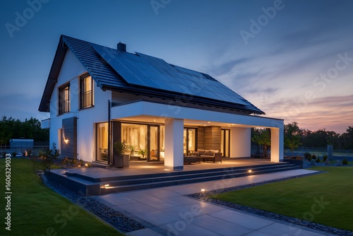 Modern Residence with Solar Panels and Patio at Dusk