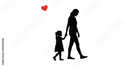 "Mother Holding Her Daughter’s Hand – Silhouette of Family Love – Vector"