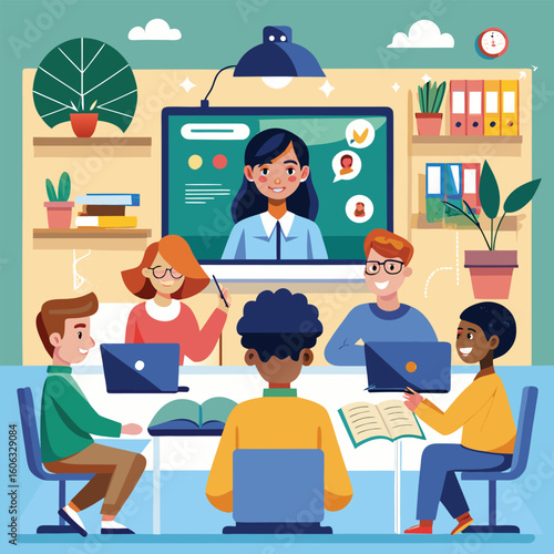 Diverse students learning online with teacher online learning virtual classroom