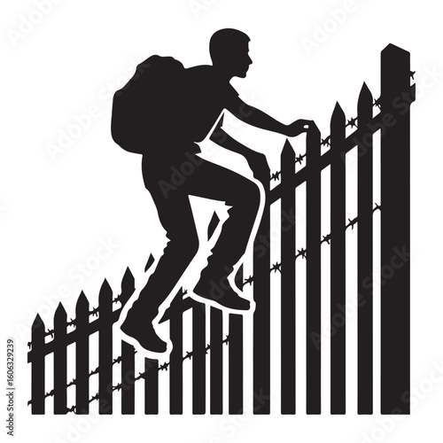 Silhouette of a Person Climbing Over a Barbed Wire Fence Illustration