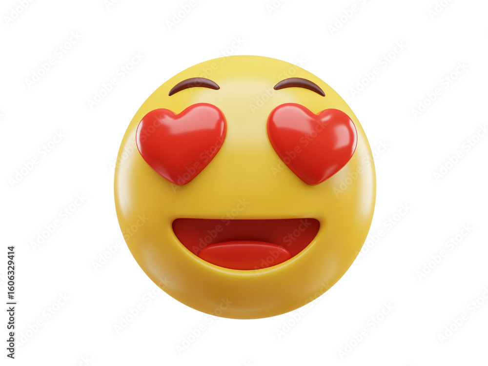 Fototapeta premium Happy yellow emoji face with heart shaped eyes and wide open mouth showing love and affection isolated on transparent background