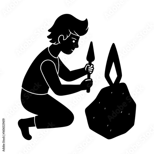 Archaeologist excavating ancient artifact with digging tool silhouette