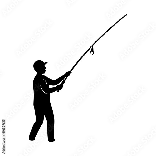 Silhouette of person angling with rod and hook sport fishing