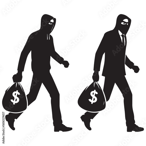 Criminals carrying money bags silhouette vector artwork for web design