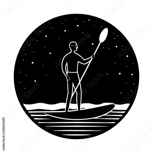 Paddleboarder silhouette on water under starry sky adventure
