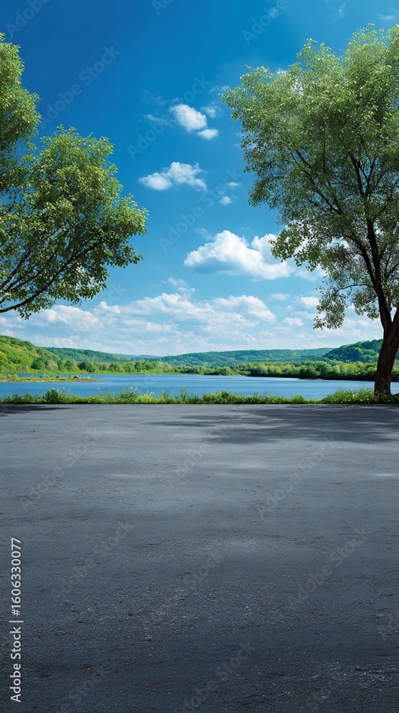 Fototapeta premium Paved Area Overlooking River and Hillside