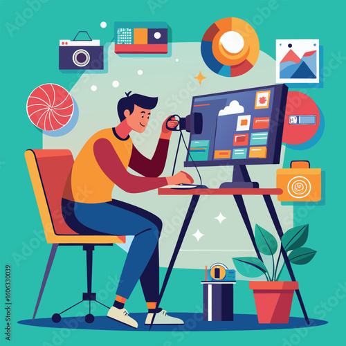 Man editing photos on computer with camera photographer desk