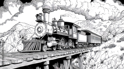 Black and white illustration of a vintage steam train on a wooden trestle bridge