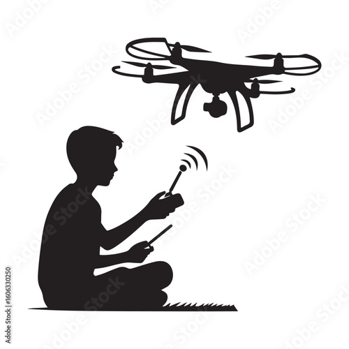 Remote Controlled Drone Silhouette with Young Boy