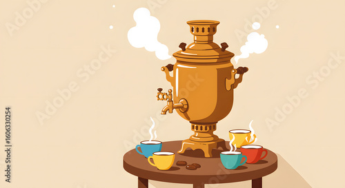 A traditional samovar tea time scene, a cozy break for a creative videographer, photographer, or during a film making session.