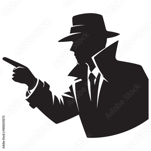 Mysterious detective figure pointing, investigation and suspense concept art