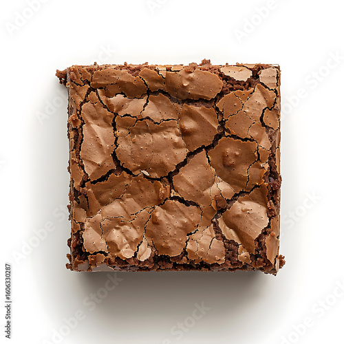 A single square brownie with a cracked chocolate surface, isolated on a white background.