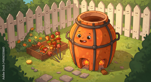 Cute Clay Oven Character with Barbecue Skewers in Garden – Whimsical Outdoor Cooking Illustration