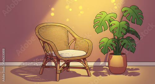 The perfect sunlit corner for film making, a tranquil setting for a photographer or videographer featuring a cozy rattan chair.