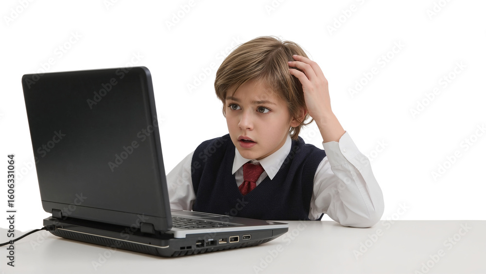 Distressed schoolboy stares at laptop screen with a transparent isolated design for composite use Distressed schoolboy stares at laptop screen with a transparent isolated design for composite use