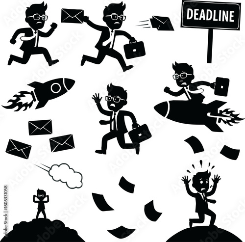 Silhouette illustrations depict a stressed businessman rushing to meet a deadline, running, throwing emails, riding a rocket, and finally succeeding.