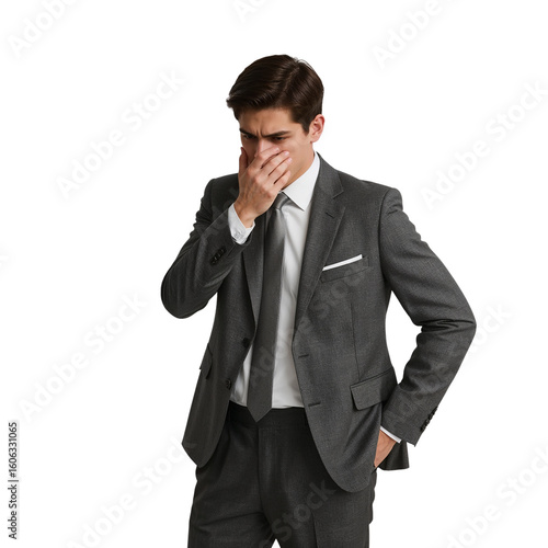 Contemplative businessman in sophisticated suit poses against transparent area displaying
