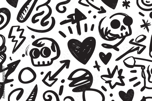 Urban graffiti doodle pattern with hearts and skulls.