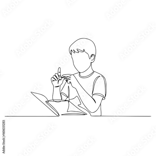 Deaf child learning in classroom while raising finger for attention  