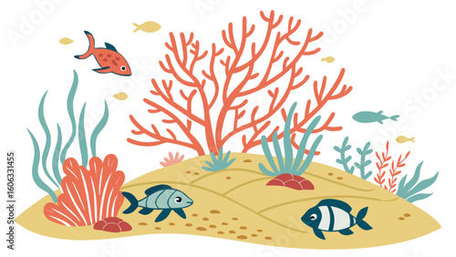 Cute underwater scene with coral reef fish and seaweed vector illustration for kids and children design
