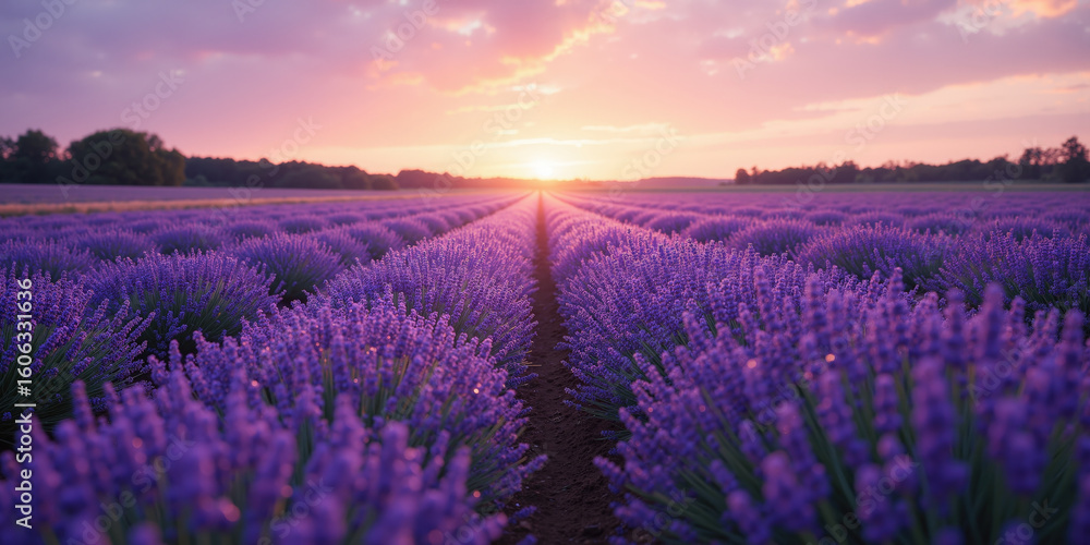 Obraz premium Vast lavender field under a pastel sunset for floral and aromatherapy themes. A sprawling lavender field stretches to the horizon