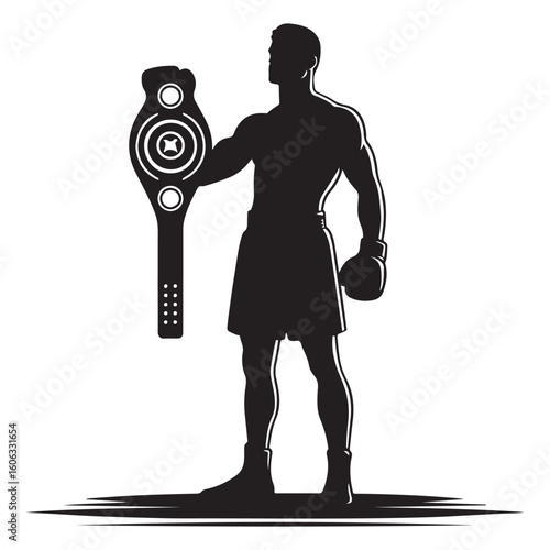 Silhouette Illustration of Boxer with Championship Belt Celebrating Victory