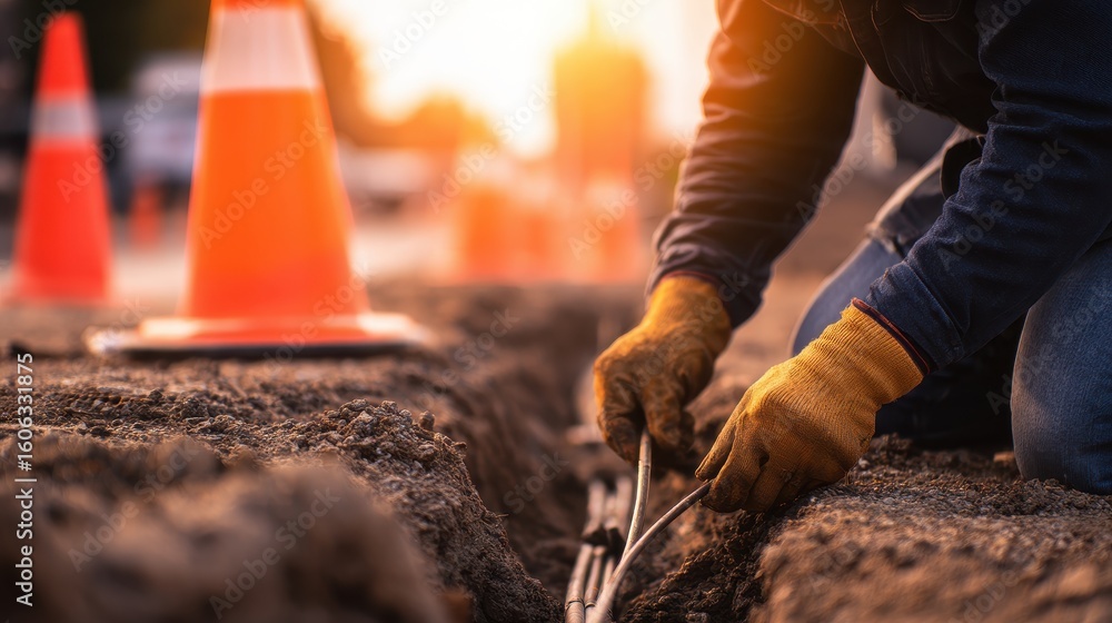 Naklejka premium Construction worker using tools to repair underground utilities near traffic cones at sunset