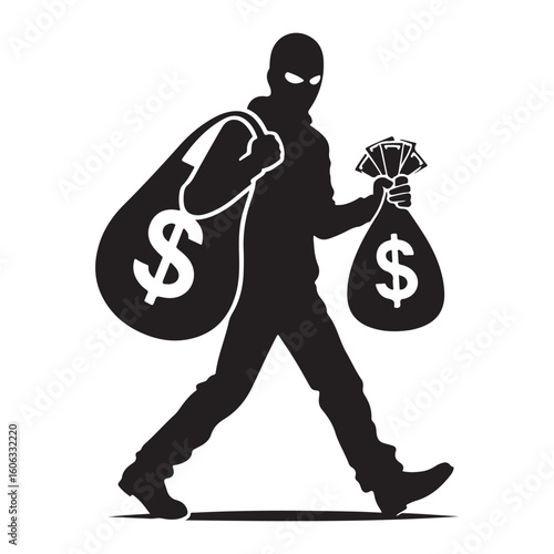 Silhouette of a Thief Holding Loot with Bags