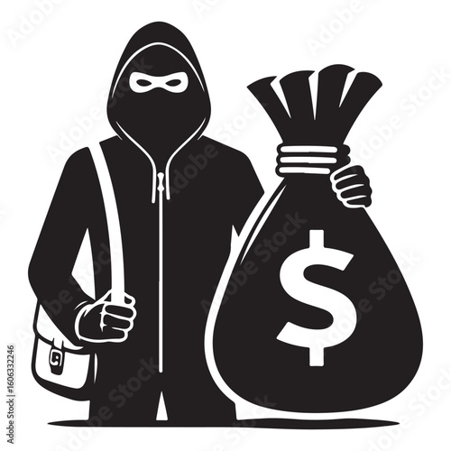 Silhouette of a Thief Carrying Bag of Money Illustration