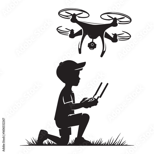 Silhouette of Boy Flying Drone with Remote Control Illustration
