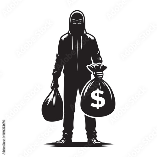 Money Bandit Silhouette Holding Bags Vector Graphic Design Illustration