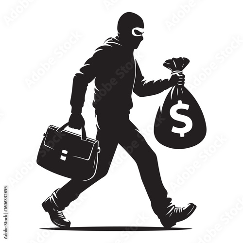 Burglar Stealing Money Silhouette Walking Vector Illustration Design