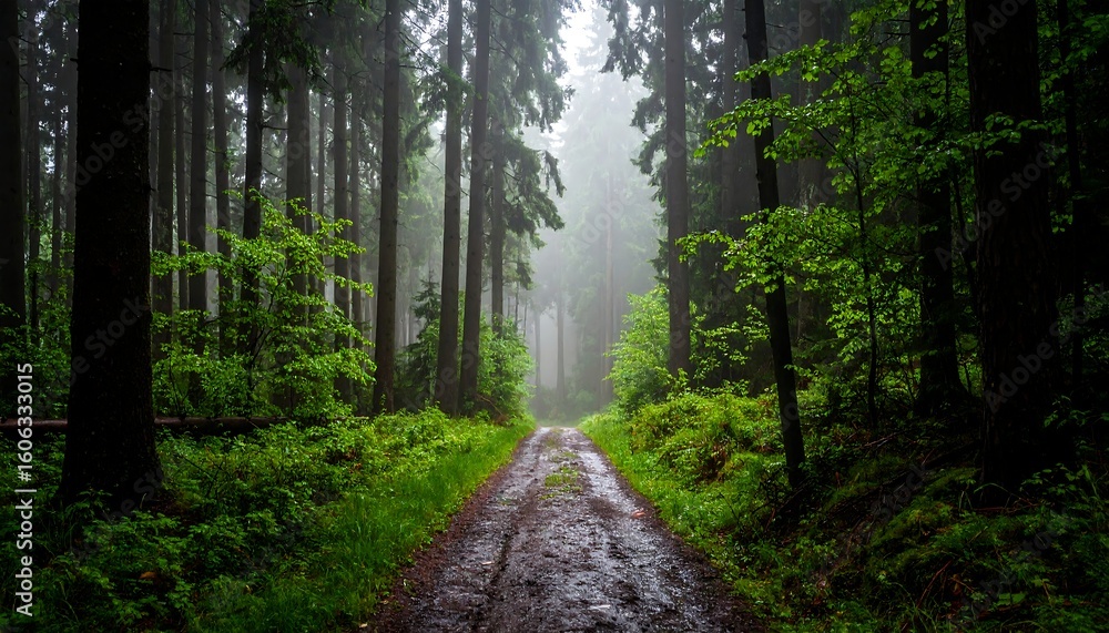 Naklejka premium Misty forest path after rain