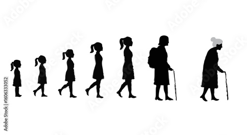 Girl Growing Up Silhouette – From Child to Elder Woman – Vector on White"
