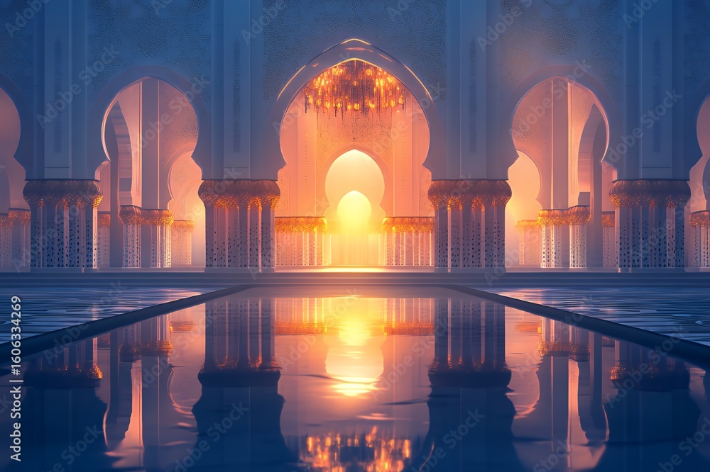 Naklejka premium Majestic Mosque Sunset Reflection Golden Pillars