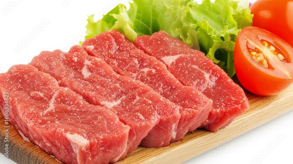 Raw beef steak meat slices wooden cutting board with fresh green lettuce and ripe red tomato, perfect fresh ingredients for cutting and cooking meal Raw beef steak meat slices wooden cutting board with fresh green lettuce and ripe red tomato, perfect fresh ingredients for cutting and cooking meal