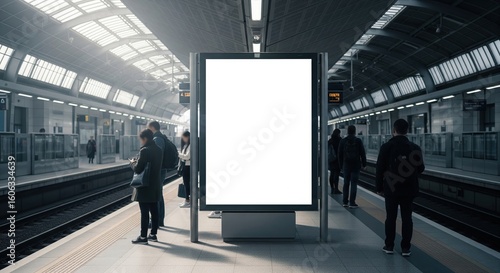 Blank vertical billboard mockup on a modern train station platform with people waiting.